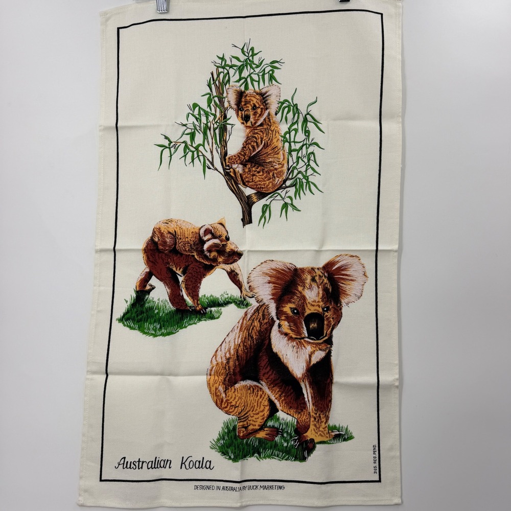 Vintage Australian Koala Cotton Tea Towel Buck Marketing White Souvenir 29x18